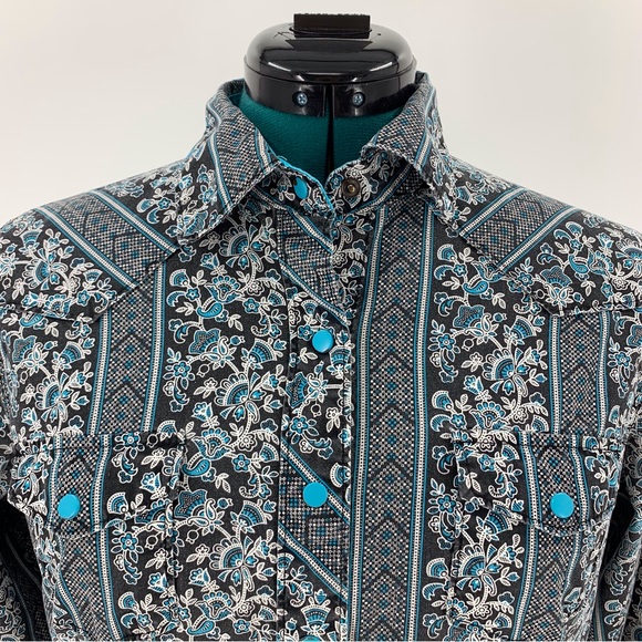 Cruel Black and Teal Floral Paisley Snap Closure Western Rodeo Shirt, Large - Picture 4 of 16